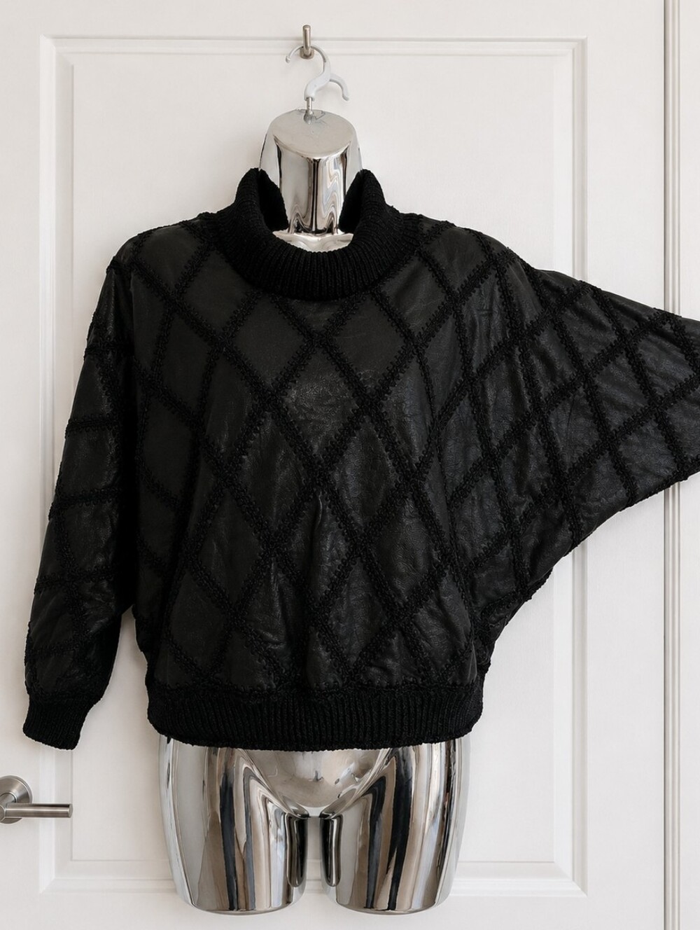 Vintage Black Leather Batwing Sweater | Handmade Artisan Dolman Top M - Picture 6 of 11